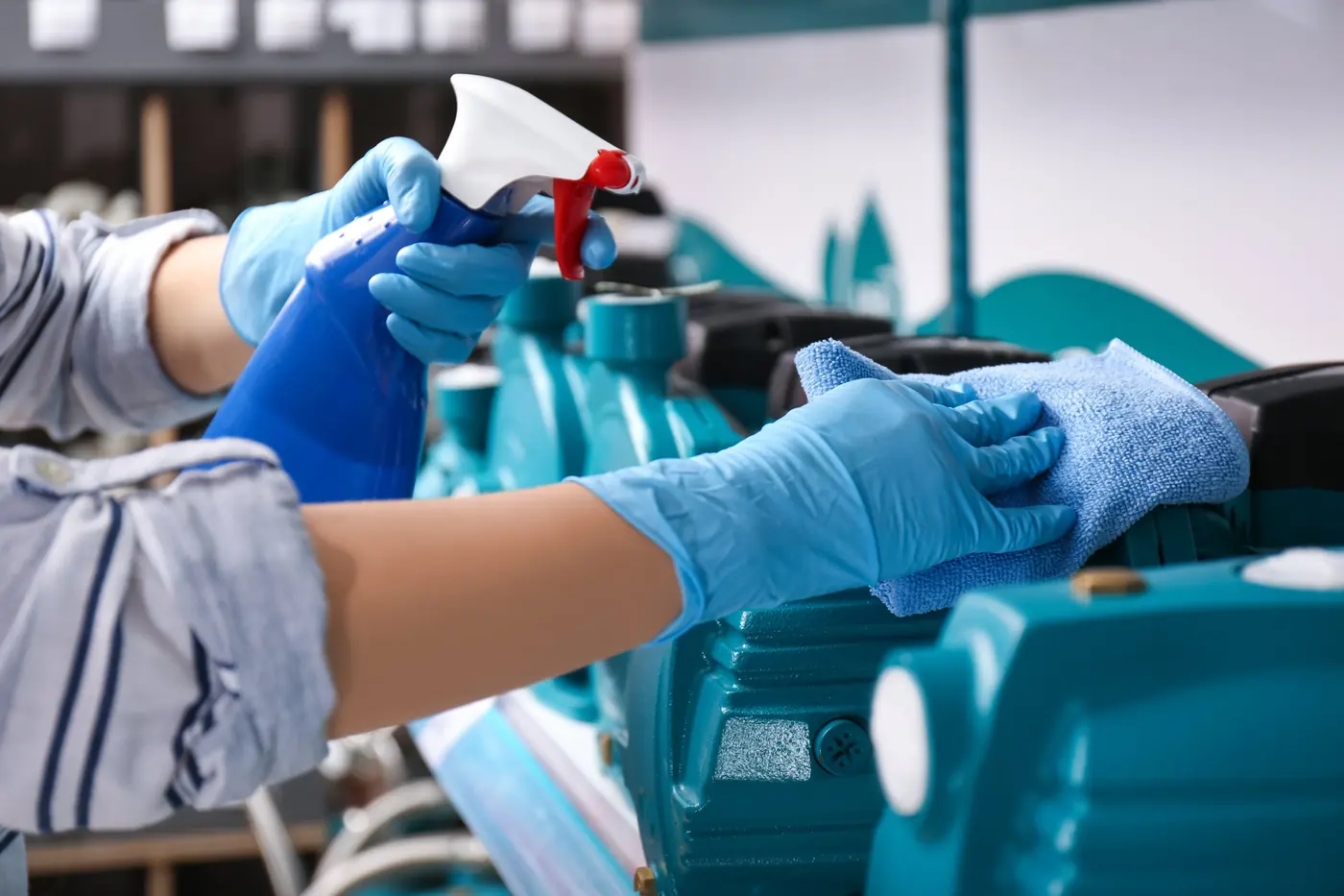 Gloved hands spraying a surface and wiping equipment clean with a blue microfiber cloth