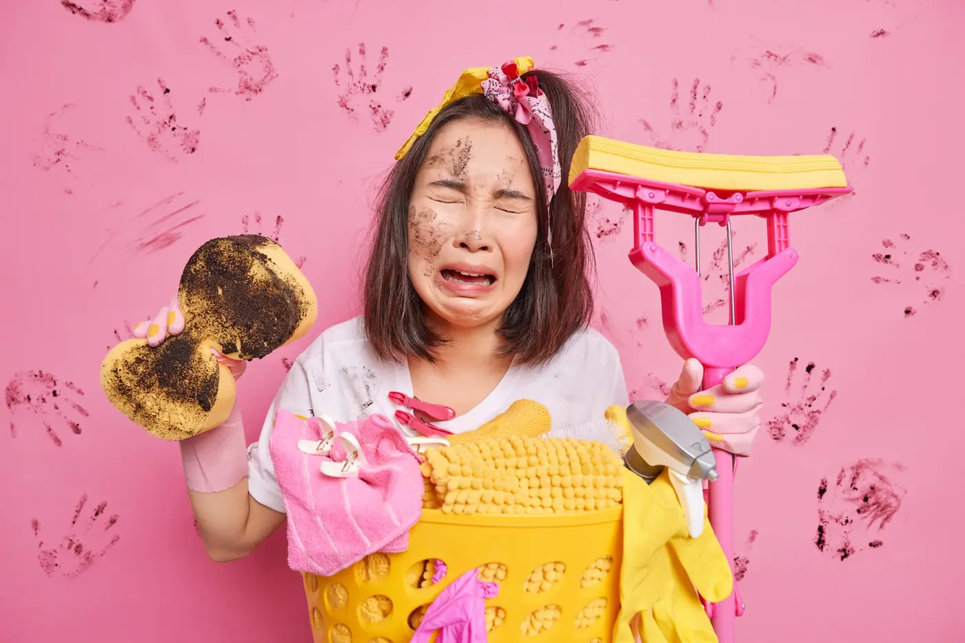A person overwhelmed by a cleaning job, holding a dirty sponge and mop in front of a smudged wall