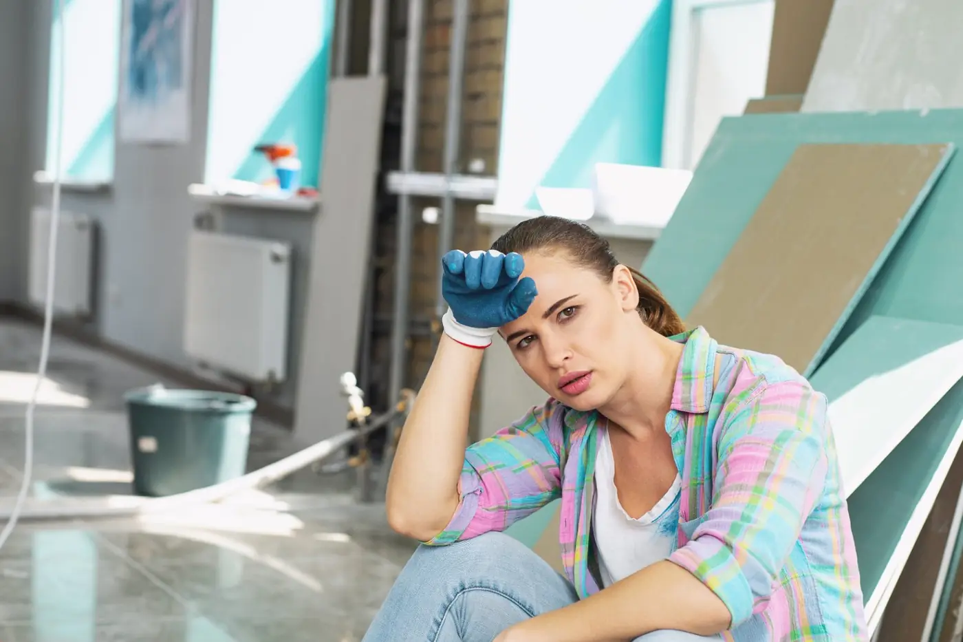 A person resting among drywall sheets and tools after a renovation project
